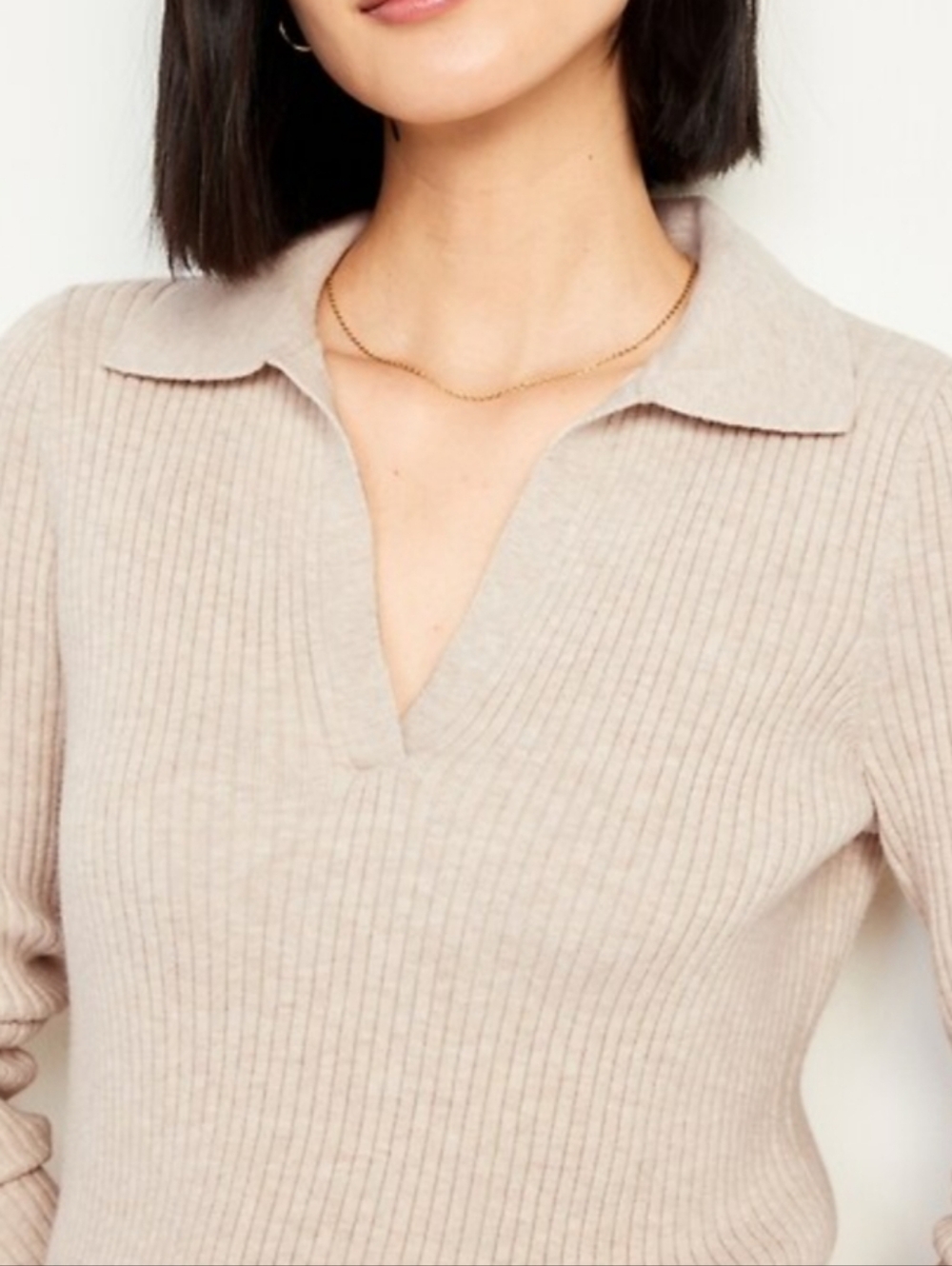 Cotton Ribbed V-Neck Polo Sweater in Beige - Picture 2 of 8